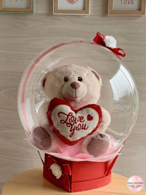 Bulle de Saint Valentin avec un Ourson Blanc en Peluche et son cœur rouge